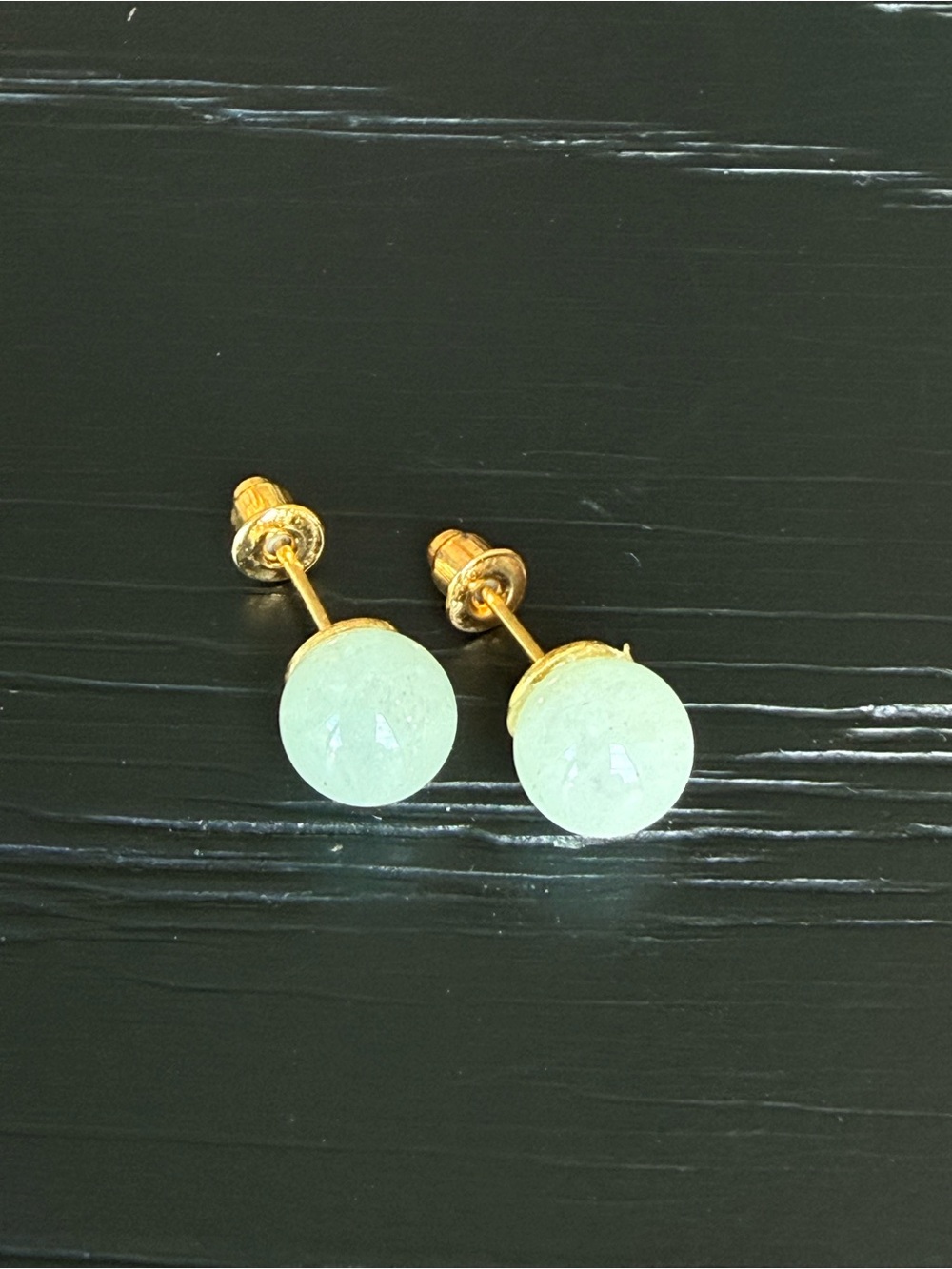 Pale Green Jade Round Stud Earrings 8mm Stones on Gold Posts